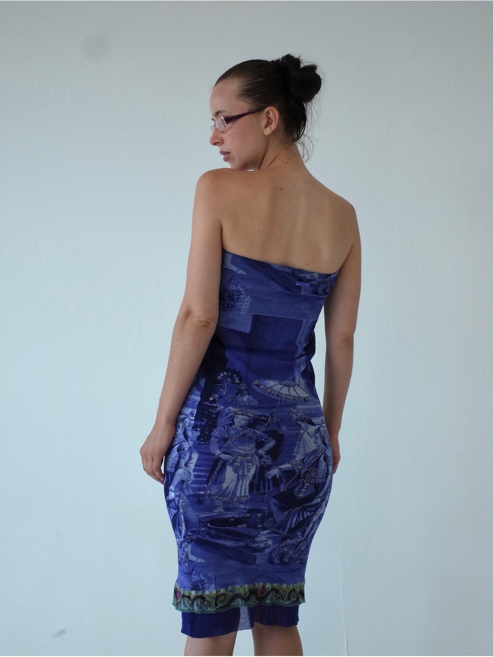 SS1998 Jean Paul Gaultier Frida Khalo Strapless Printed Mesh Dress in Blue - Picture 3 of 9